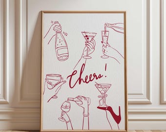 Könnte beinhalten: Ein gerahmter Druck mit einer roten Strichzeichnung von Händen, die Cocktailgläser und eine Champagnerflasche halten. Das Wort "Cheers!" ist in Schreibschrift geschrieben. Das Kunstwerk befindet sich auf weißem Hintergrund.