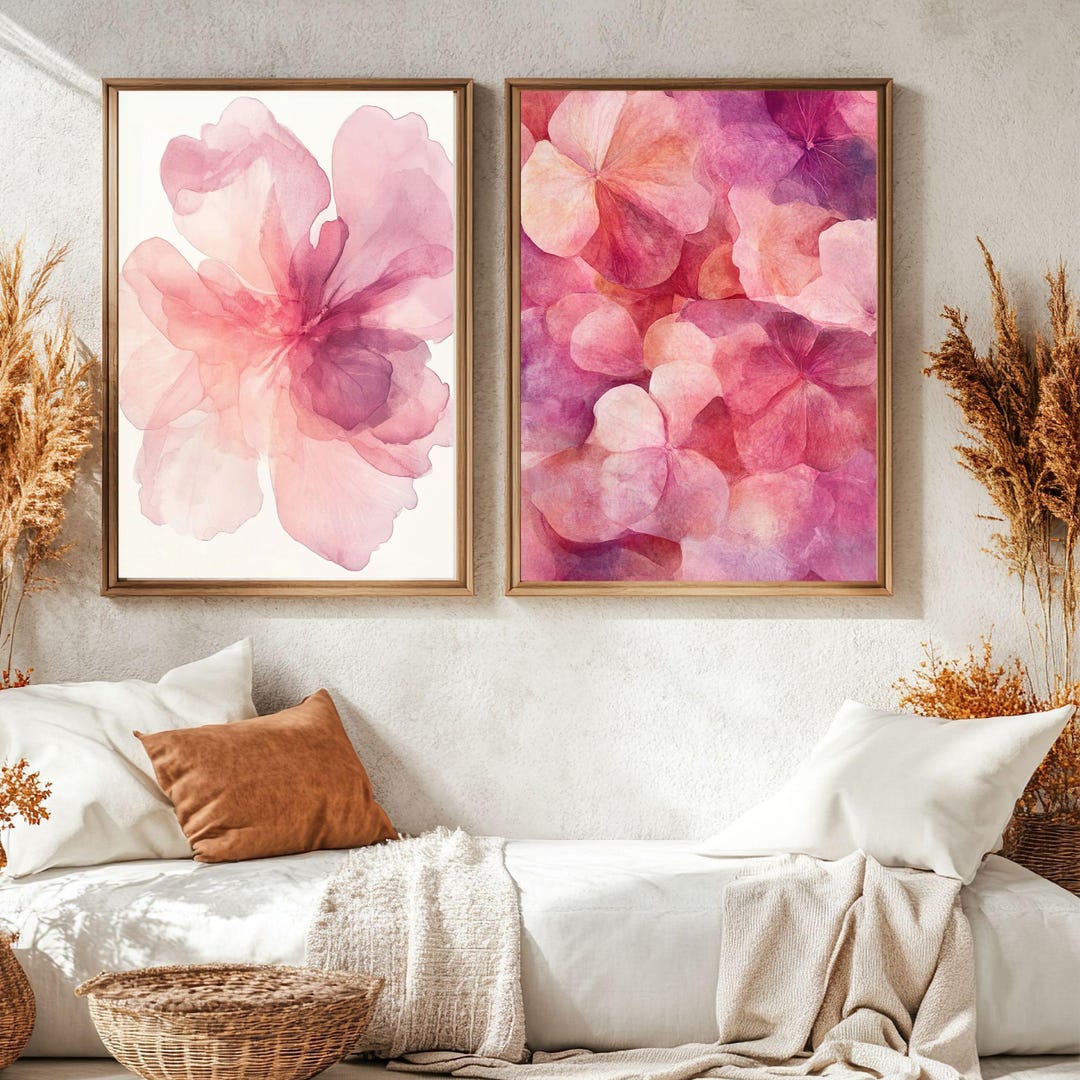 Pink Floral Watercolor Print Set: Abstract Romantic Wall Art (digital ...