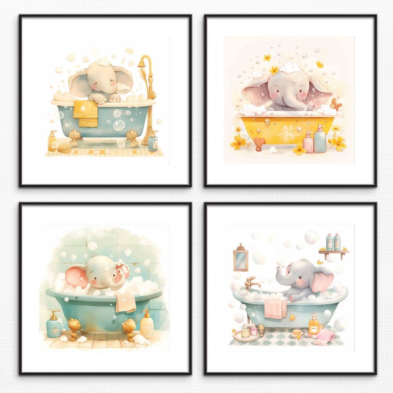 Square Art Print Set Cute Baby Elephant Bathroom Wall Art Set ...
