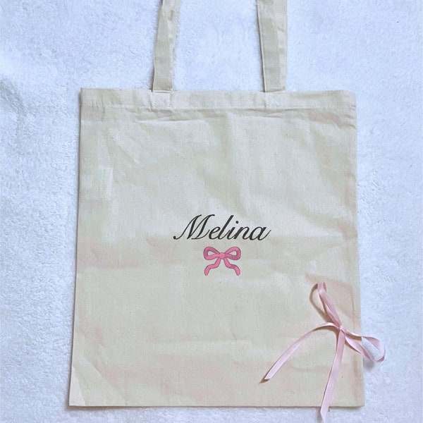 personalized name embroidered large tote bag with custom color coquette bow, personalized gift, cute summer beach bag, custom name gift