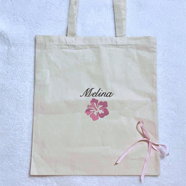 personalized name embroidered large tote bag with custom color Hawaiian flower, personalized gift, cute summer beach bag, custom name gift