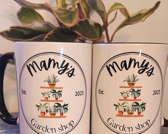 15 oz two tone coffee mug, Mamy's Garden Shop logo