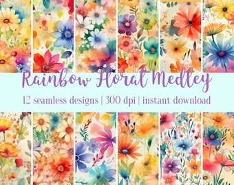 12 Rainbow Floral Medley - Digital Paper - Hight Quality - Seamless Designs - Wedding - Card Making - Scrapbook - DIY Crafts