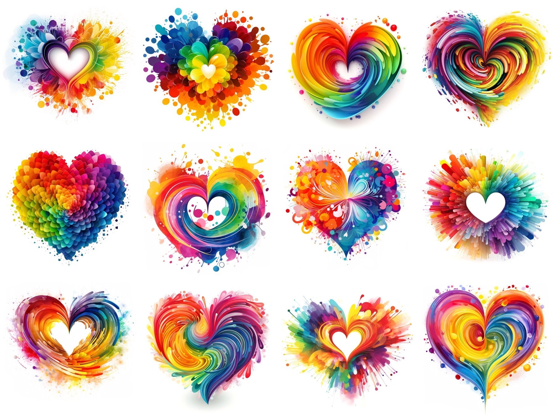 12 Rainbow Love Hearts - JPEG Files - Digital Paper - Commercial Use ...