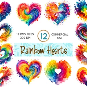 12 Happy Rainbow Love Hearts - PNG Dateien - Transparenter Hintergrund - Kommerzielle Nutzung - Shirt Druck - Hochzeit - Kartenherstellung
