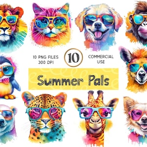 10 coole Tiere mit Sonnenbrille - PNG-Dateien - Transparenter Hintergrund - Kommerzielle Nutzung - Sublimation - Kartenherstellung - Aquarell