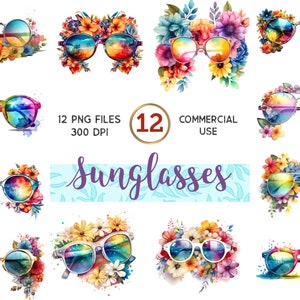 12 Floral Sunglasses Clipart - PNG Files - Transparent Background - Digital Download - Card Making - DIY Crafts