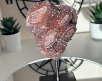 Natural Deep Brick Red Druzy Amethyst Quartz Freeform On Stand With Jasper Banding | Dark Red Mahogany Mineral Crystal Statement