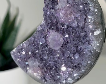 Druzy Small Amethyst Crescent Moon On Stand With Calcite Inclusions And Jasper Banding | Small Crystal Quartz Moon Home Decor Statement