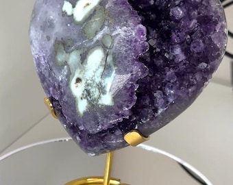 2.7Lb 5.6” Natural Druzy Geode Amethyst Heart Quartz Crystal Heart With Jasper Banding Inclusions | Comes With Stand - From Uruguay