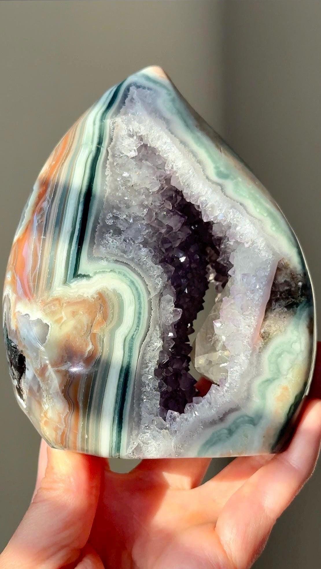 Unique Natural Druzy Lilac Amethyst Quartz Flame With Jasper Banding And Beautiful Big Calcite Inclusion | Rare Collector's Crystal