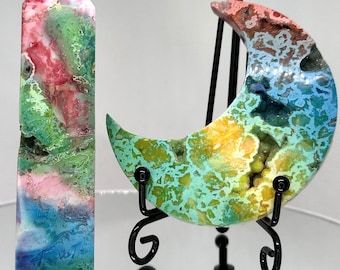 Druzy Rainbow Moon Crescent Crystal | Rainbow Crystal Tower | Color-Enhanced Snow Agate Plume Agate | Rainbow Crystal Set | LGBT Pride Gifts