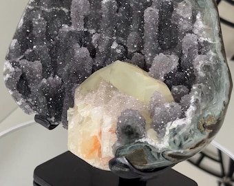 2.6 LB Unique Sugar Druzy Amethyst Geode Freeform On Stand With Stalactites And Big Calcite | Stalactite Home Decor For Crystal Collection