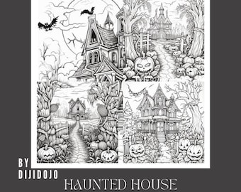 10 pages à colorier sur le thème d'Halloween, maison hantée, pour enfants, adolescents et adultes.