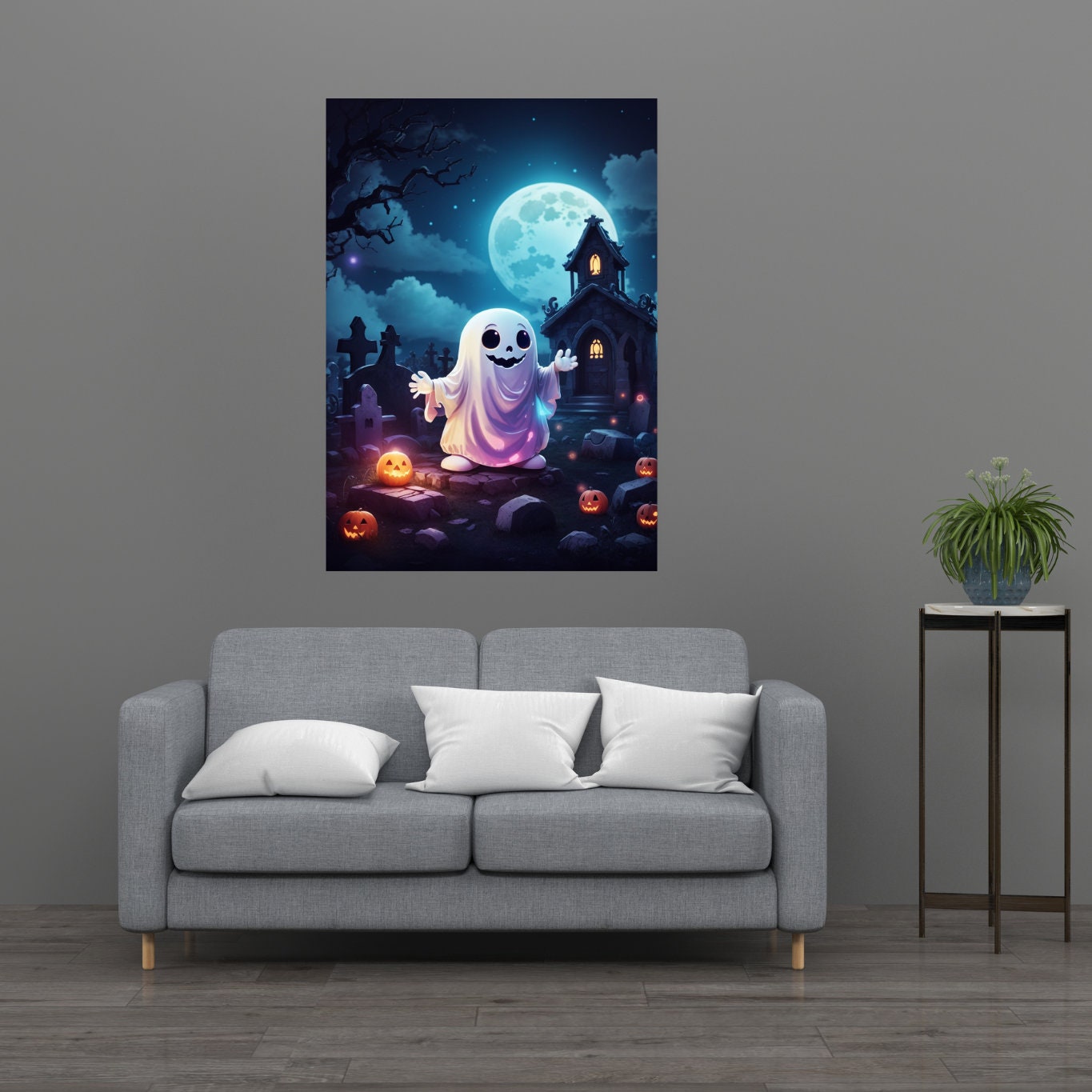 Spooky Cute Ghost in a Magical Glowing Graveyard With a Bright - Etsy