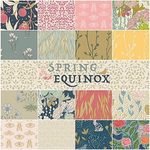 May include: A collection of floral and botanical patterned fabric swatches in various colors, including pink, blue, and yellow. The text "SPRING EQUINOX" is displayed in the center. The designs include leaves, flowers, and insects.