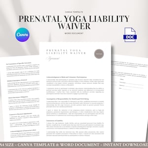 Formulario de consentimiento editable de exención de responsabilidad de yoga prenatal para el bienestar del embarazo, movimiento, estiramiento, respiración y responsabilidad del instructor.
