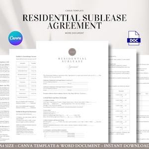 Könnte beinhalten: Eine Reihe weißer Papierdokumente mit dem Text "RESIDENTIAL SUBLEASE AGREEMENT" in Schwarz. Die Canva- und DOC-Logos sind sichtbar. Der Text "A4 SIZE - CANVA TEMPLATE & WORD DOCUMENT - INSTANT DOWNLOAD" befindet sich unten.