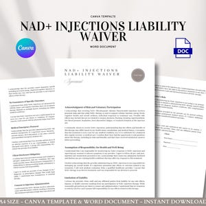 NAD+注射の免責条項テンプレート IVまたはIMウェルネスクリニック向けインフォームドコンセント、副作用、リスク開示、病歴