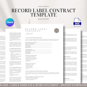 Record Label Artist Contract Template Music Release Agreement Royalty Split Deal Editable Record Company Legal Form Canva Word