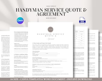 Handyman Service Quote and Agreement Template for Home Repairs, Maintenance, and Small Projects, Editable in Word and Canva