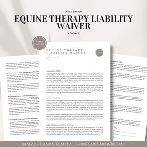 Puede incluir: Un documento imprimible en blanco y negro con el título "Equine Therapy Liability Waiver Contract". El documento incluye secciones para autorización médica y tratamiento de emergencia, asunción de riesgos, liberación de responsabilidad, reconocimiento de protocolos de seguridad y conducta del participante.