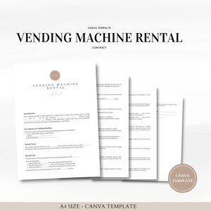 May include: A black and white printable contract template for vending machine rental. The template includes sections for the introduction, description of the vending machine, rental terms, and rental fees. The template is designed for use with Canva.