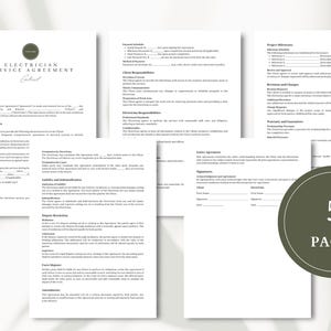 K&ouml;nnte beinhalten: Ein f&uuml;nfseitiger Elektriker-Servicevertrag mit einem gr&uuml;nen Logo. Der Vertrag umfasst Abschnitte f&uuml;r den Leistungsumfang, Zahlungsbedingungen, Haftung und Freistellung, Streitbeilegung und mehr.