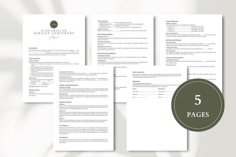 K&ouml;nnte beinhalten: Ein f&uuml;nfseitiger Elektriker-Servicevertrag mit einem gr&uuml;nen Logo. Der Vertrag umfasst Abschnitte f&uuml;r den Leistungsumfang, Zahlungsbedingungen, Haftung und Freistellung, Streitbeilegung und mehr.