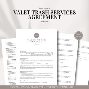 Contrato de servicio de valet / Acuerdo de cliente editable para servicios de mantenimiento y recolección de propiedades / Plantilla de Canva