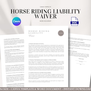 Horse Riding Liability Waiver Canva and Word Template for Stables Riding Schools Equestrian Instructors and Trail Providers