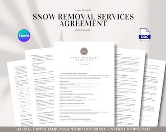 Plantilla de contrato de servicios de remoción de nieve para proveedores de propiedades residenciales y comerciales / Editable en Word y Canva