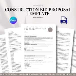 May include: A template for a construction bid proposal, with the title "CONSTRUCTION BID PROPOSAL TEMPLATE" in large, bold text. The design includes a Canva logo and a DOC icon. The document is A4 size and available for instant download.