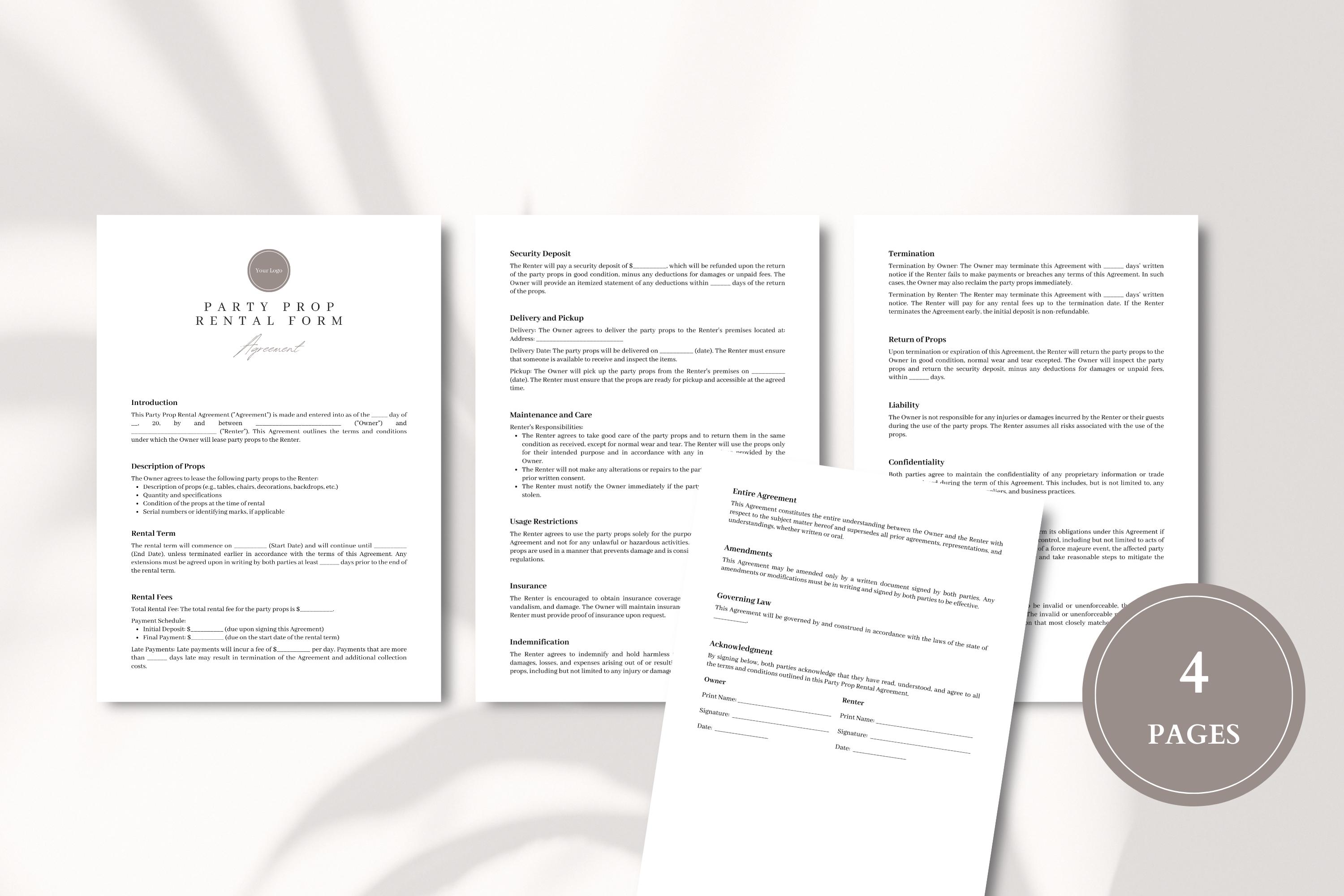 Prop Contract Party Prop Rental Agreement Canva Template | Professional Event Rental ...