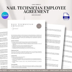 Nageltechniker Personalvereinbarung Vorlage Canva und Word | Bearbeitbarer Salonvertrag für Aufgaben, Dress Code, Vergütung und Nicht-Konkurrieren