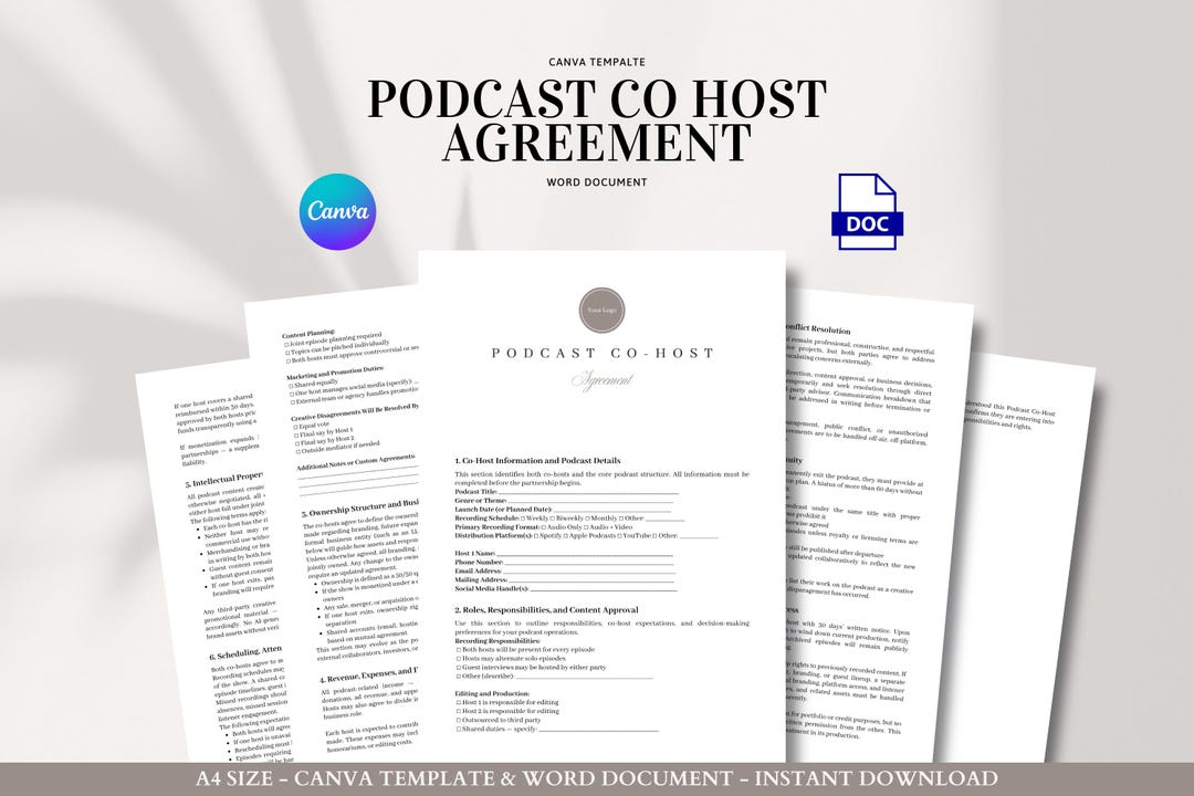 Podcast Co Host Agreement Template Editable Contract for Audio Show