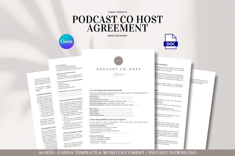 Podcast Co Host Agreement Template Editable Contract for Audio Show ...