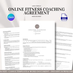 以下が含まれることがあります： 「オンラインフィットネスコーチング契約」と題されたドキュメント。CanvaのロゴとDOCアイコンが付いています。クライアントの責任、機密保持、報酬などのセクションがある、フィットネスコーチ向けのテンプレートです。