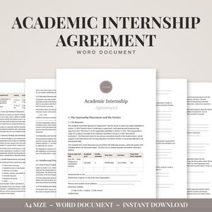 Peut inclure: Un modèle de convention de stage académique de 28 pages au format document Word. Le document comprend des sections sur le placement en stage, les parties concernées, les objectifs d'apprentissage et un tableau pour les détails du cours, en format A4.