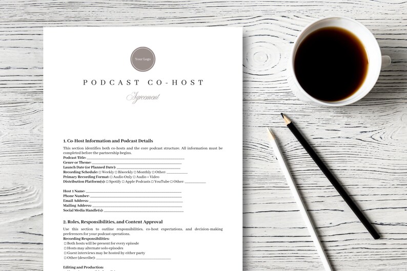 Podcast Co Host Agreement Template Editable Contract for Audio Show ...