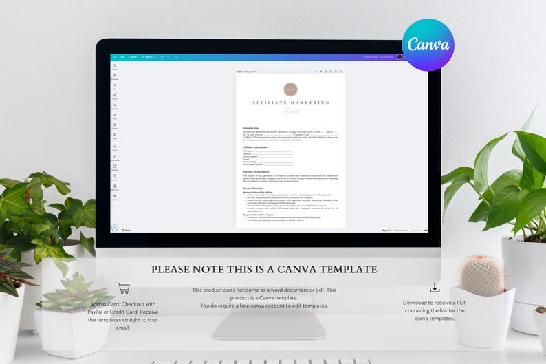 May include: A computer screen displaying a Canva template for an affiliate marketing contract. The text on the screen reads "Affiliate Marketing Contract". The text below the screen reads "PLEASE NOTE THIS IS A CANVA TEMPLATE. This product does not come as a word document or pdf. This product is a Canva template. You do require a free Canva account to edit templates."