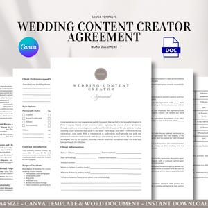 Wedding Content Creator Agreement Template Canva and Word Contract for Videographers Reels Raw Footage Packages and Client Preferences