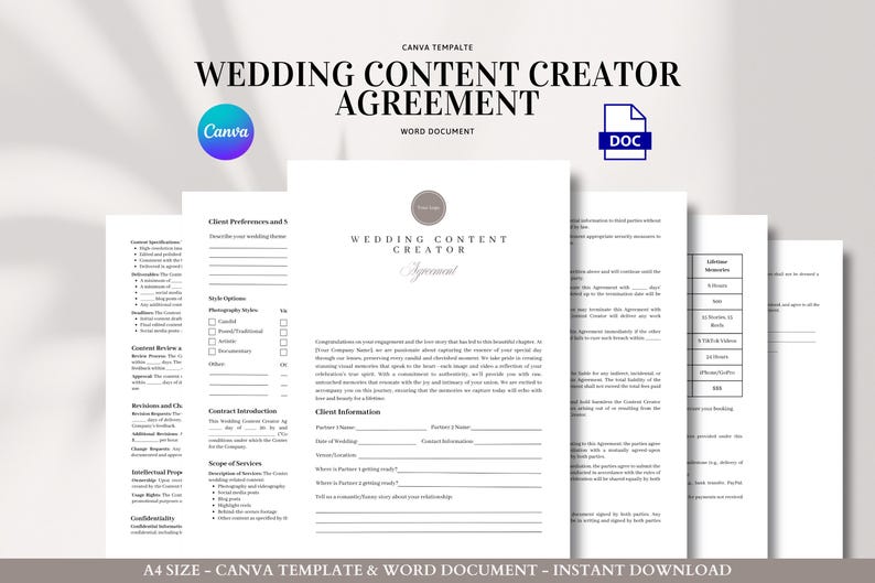 Wedding Content Creator Agreement Template Canva and Word Contract for