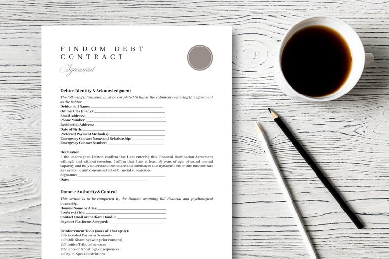 Plantilla de contrato de deuda Findom (Canva y Word) editable. Acuerdo para el control de la propiedad y los tributos financieros. imagen 4
