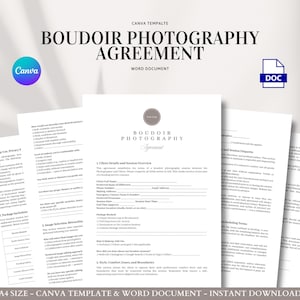 Contratto per la fotografia boudoir, contratto modificabile con il cliente per la sessione di ritratto intimo, consenso sulla privacy, termini di ritocco e consegna