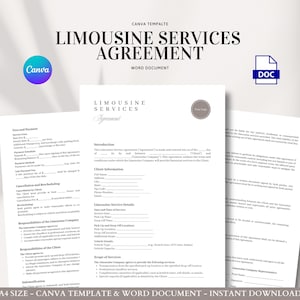 Limousine Service Agreement Editable Contract Template for Chauffeur Bookings Event Transportation Hourly Rides and Private Vehicle Hire