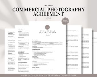 May include: A black and white printable contract template for commercial photography services. The template includes sections for photographer information, compensation, usage rights, revisions, client responsibilities, and project timeline. The text "COMMERCIAL PHOTOGRAPHY AGREEMENT" is at the top of the page.