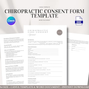 Modelo de formulário de consentimento para quiropraxia - Acordo de admissão e isenção de responsabilidade do cliente editável para clínicas de alinhamento da coluna e terapia manual