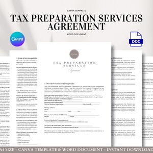 Plantilla de contrato de servicios de preparación de impuestos para contadores, contables, agentes registrados y profesionales de impuestos virtuales (edición editable en Canva y Word)