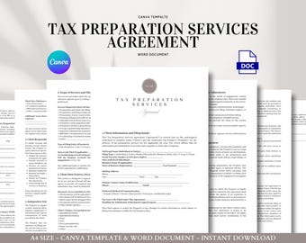 Tax Preparation Services Contract Template for Accountants, Bookkeepers, Enrolled Agents, and Virtual Tax Pros, Editable Canva and Word